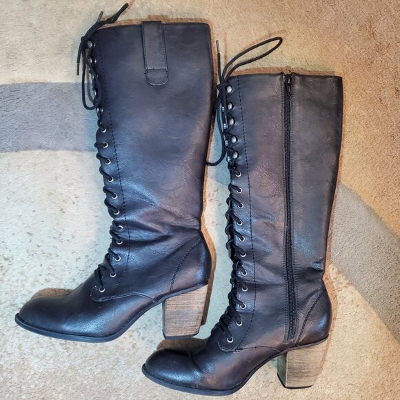 Crown Vintage Shoes - "Crown Vintage" Knee High Lace-Up/Zip-Up Black Faux Leather Boot Size 7.5M